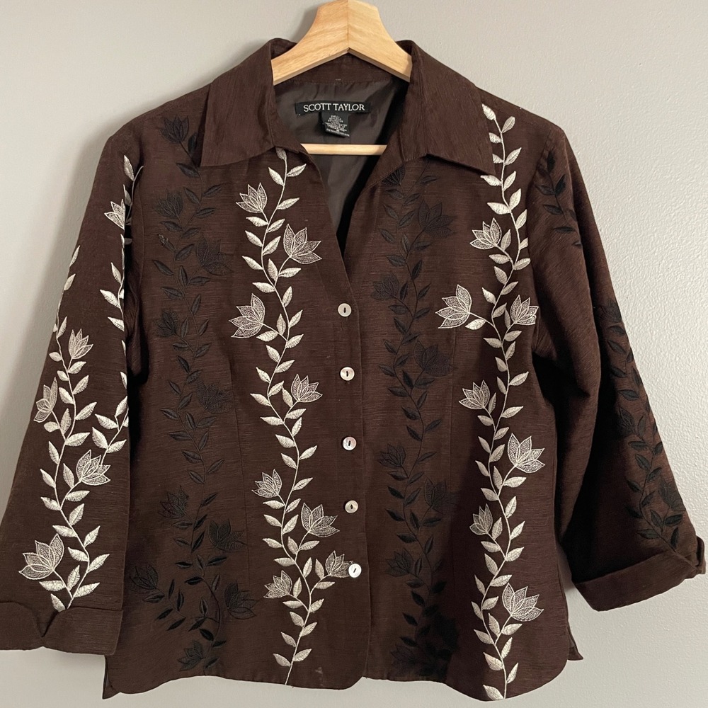 Scott Taylor Silk Blend Jacket Womens Medium Brown Floral Embroidered Earthy 3/4